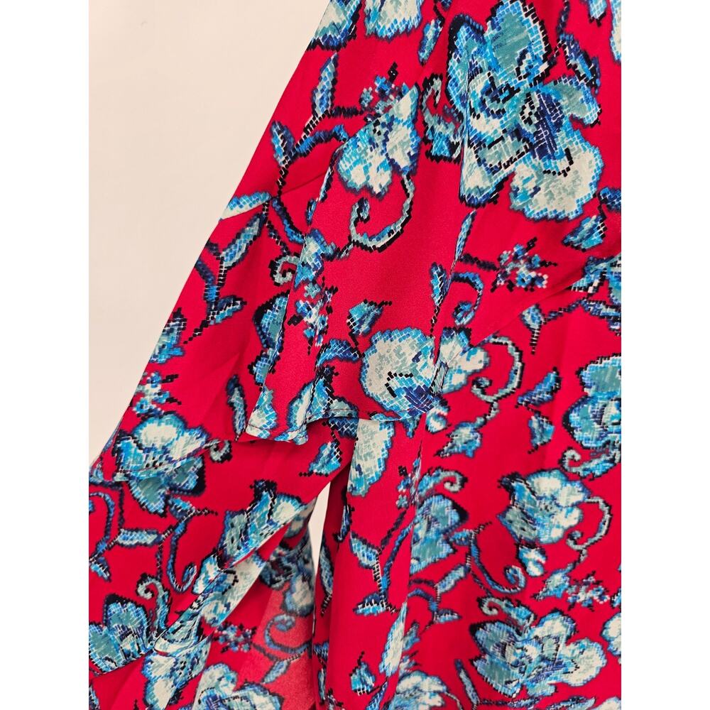 Pioneer Woman Womens Sz L Cascade Caplet Ruffle Blouse Red Blue Floral - Picture 2 of 4